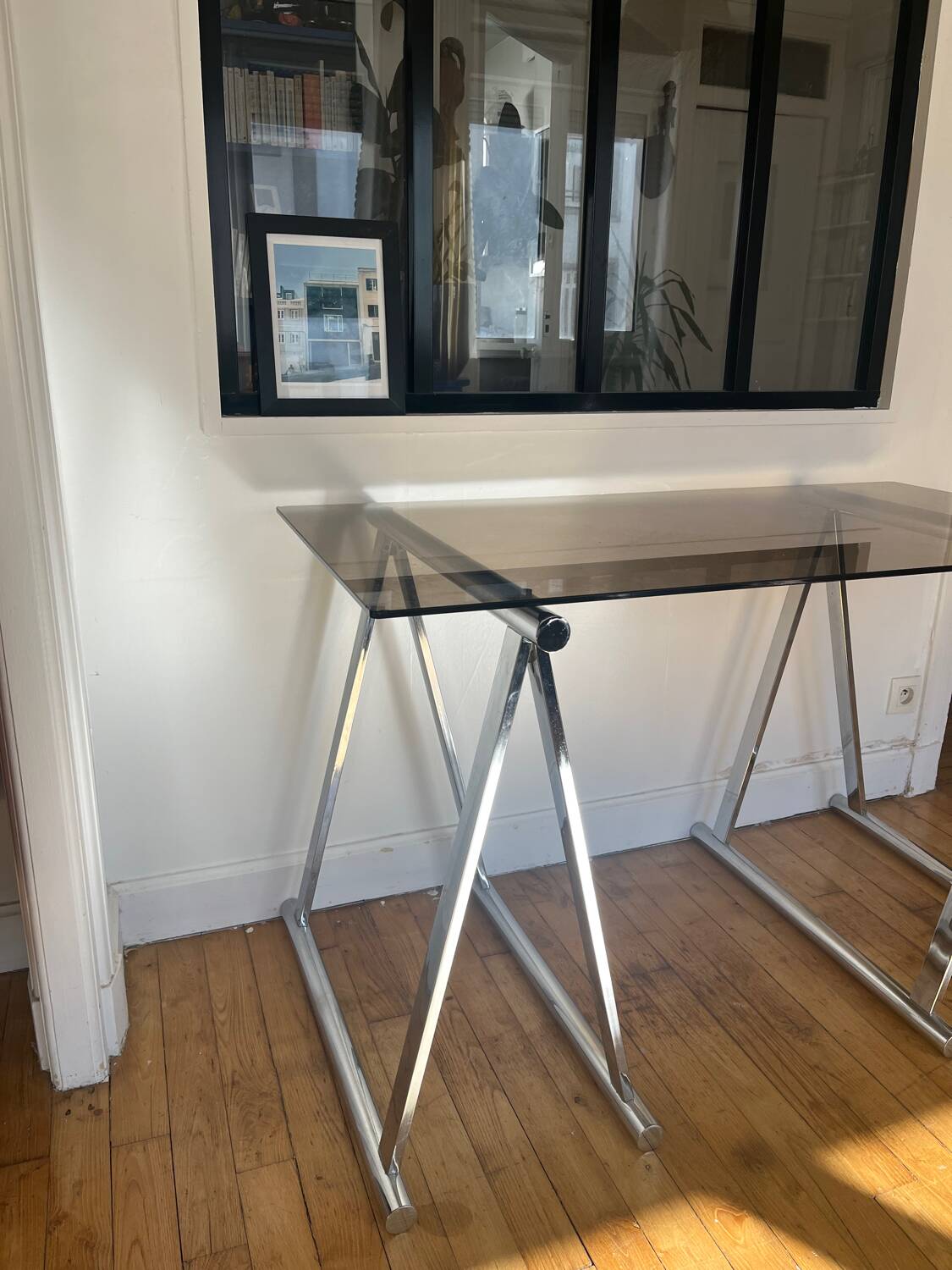 Smoked glass and chrome metal desk by Milo Baughman for Rochebobois
