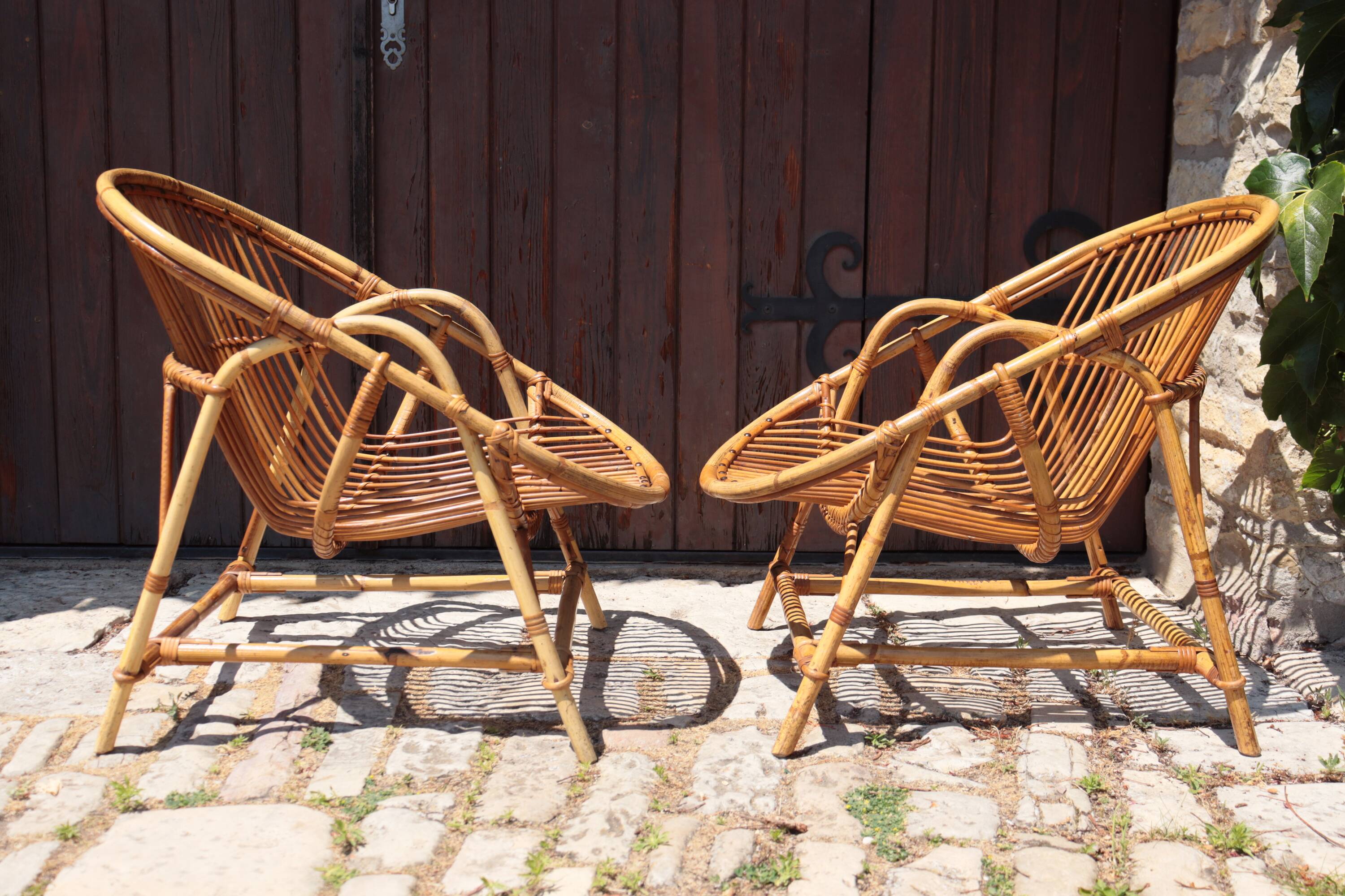 Pair of rattan armchairs Audoux-Minnet style