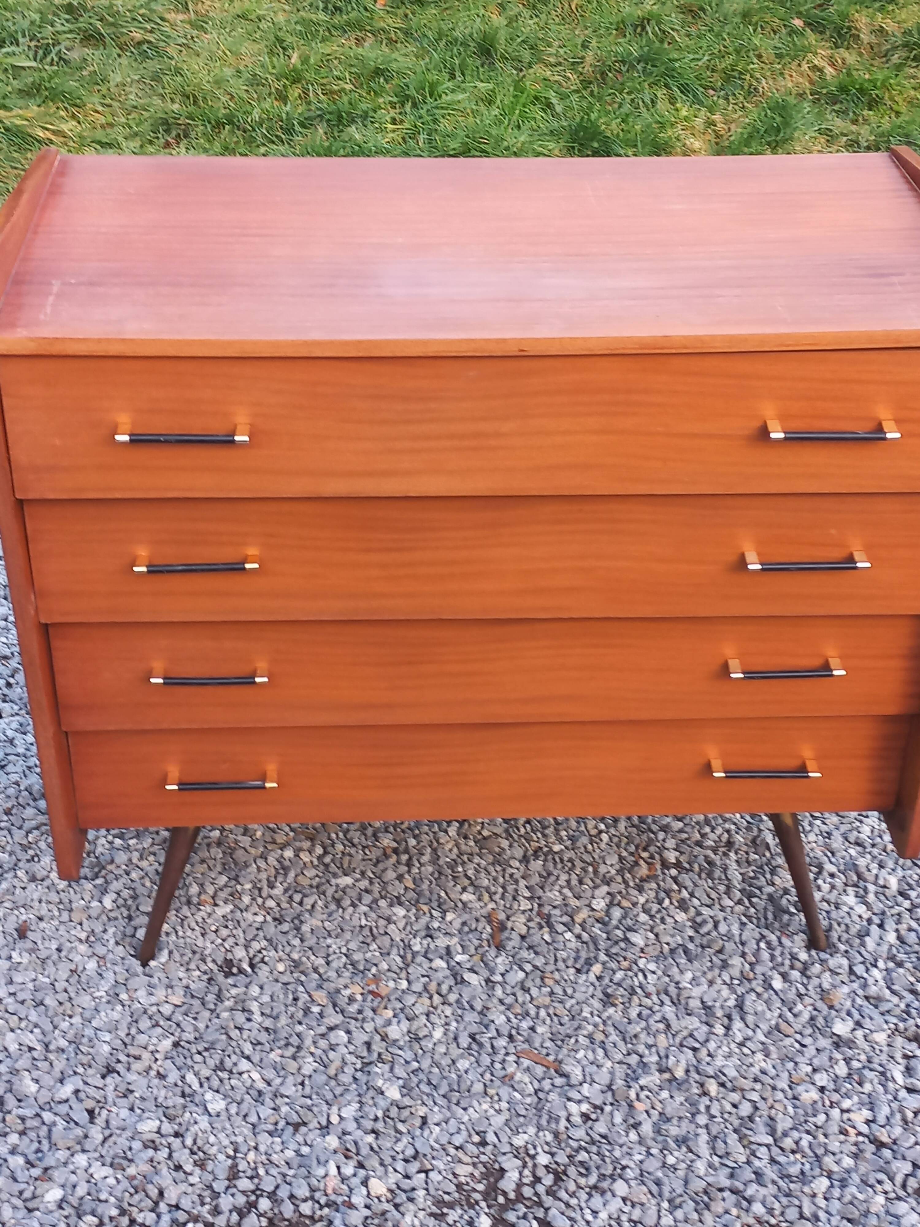 Vintage mahogany commode with metal tapered legs, 4 drawers, 1950s.