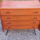 Vintage mahogany commode with metal tapered legs, 4 drawers, 1950s.