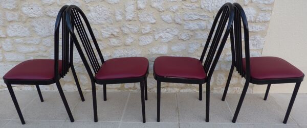 4 chaises métal avec assises en simili cuir bordeaux de marque souvignet