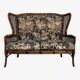 Wingback 2-seater sofa in carved wood, cane and fabric