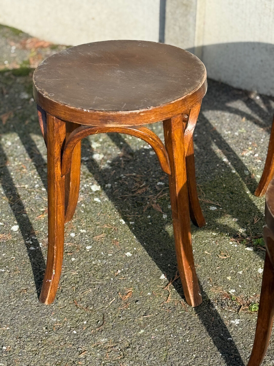Set of four curved wooden stools stamped Baumann model 92.
