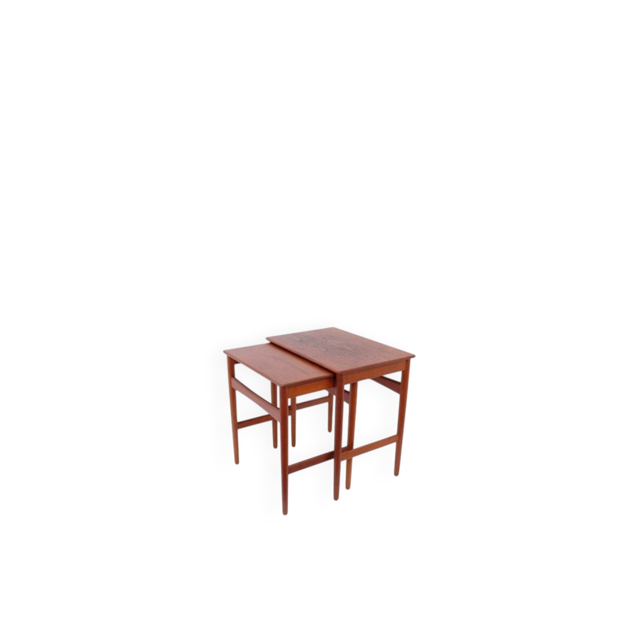 Mid-century side tables and nesting tables, in Wegner Tuck teak, Danish style.