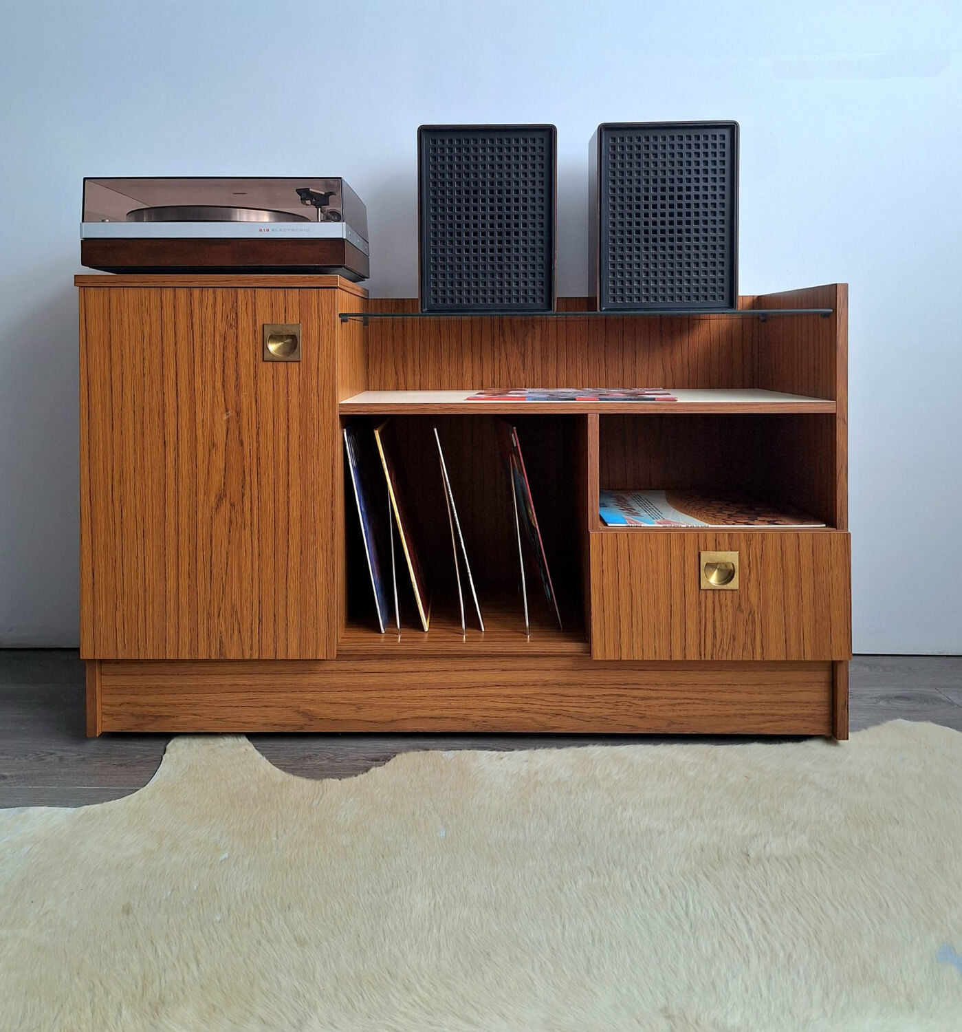 Vintage record player cabinet, designer hi-fi radio sideboard