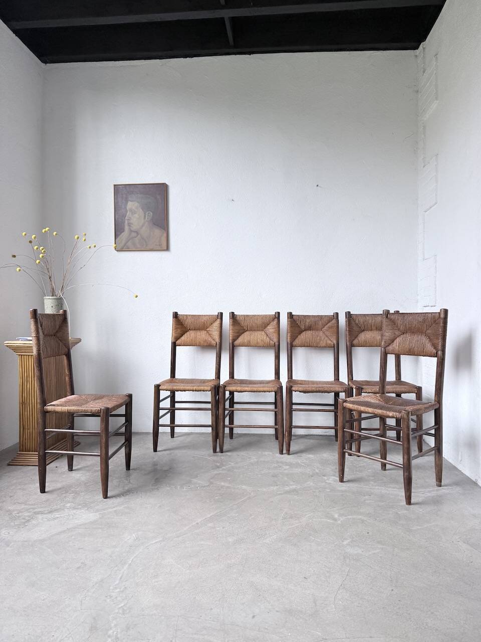 Set of 6 straw and oak Beauche chairs.