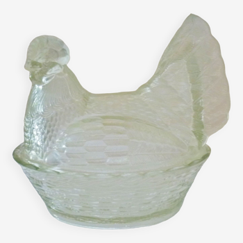 Large covered pot, box, pressed glass, molded, art deco, chicken in a basket