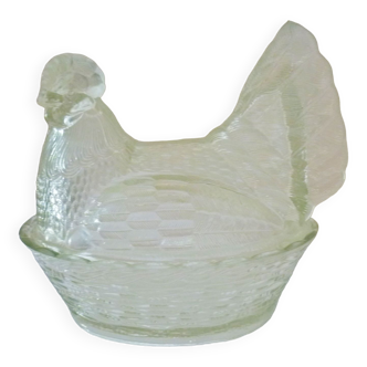 Large covered pot, box, pressed glass, molded, art deco, chicken in a basket