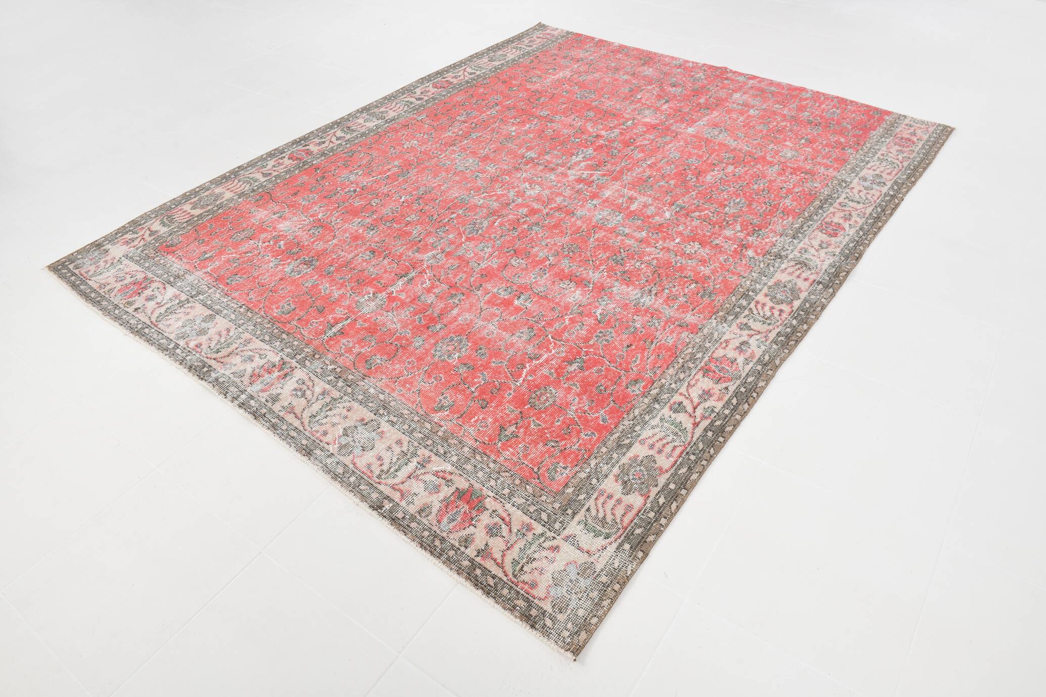 7x9 Turkish Soft Red Bordered Rug, 220x272 Cm