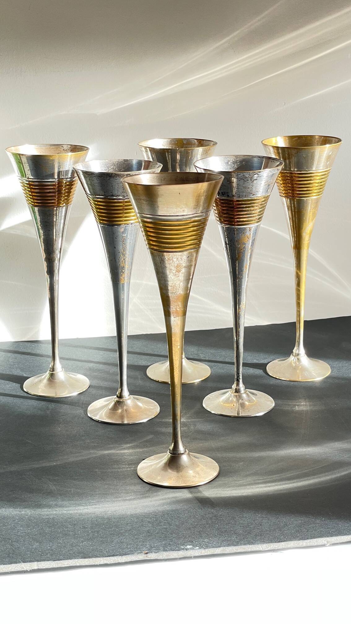 6 Vintage Silver-Plated Brass Champagne Flutes