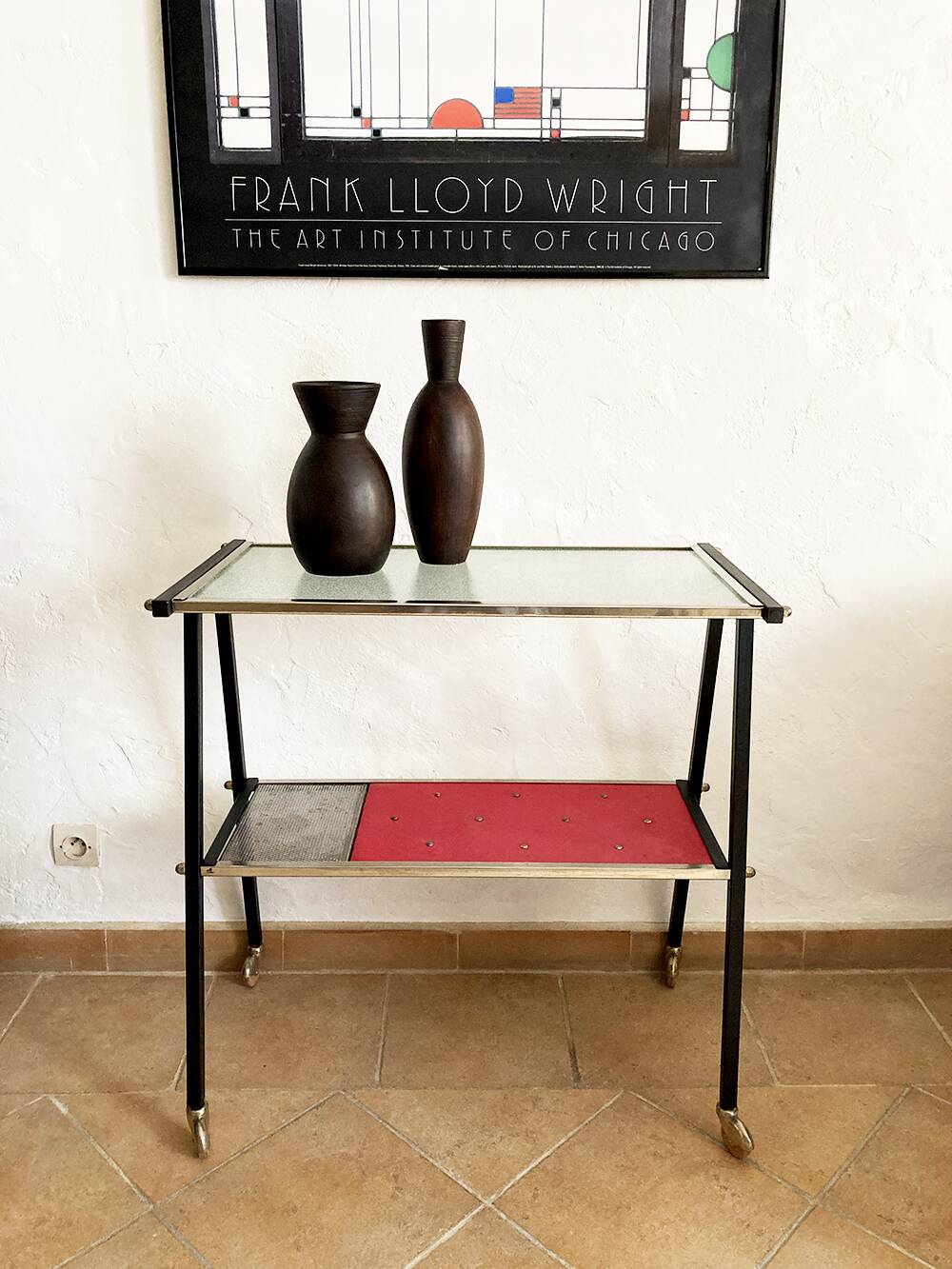Glass and metal serving trolley, 1960s