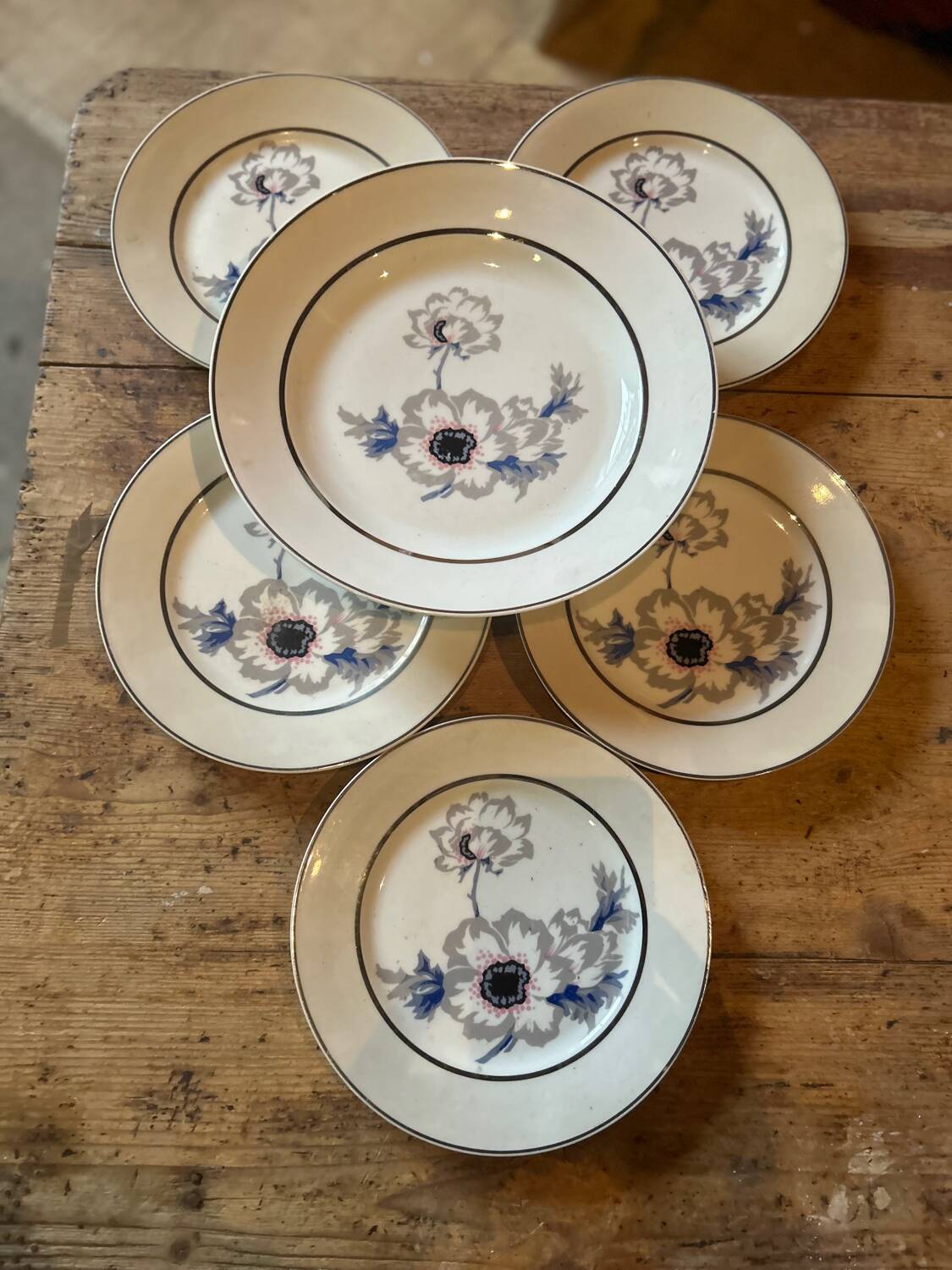 Série de 12 assiettes plates en porcelaine aux anémones