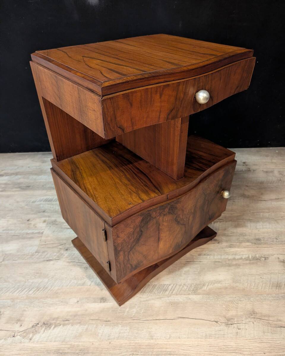 Pair of Art Deco bedside tables in walnut, left and right.
