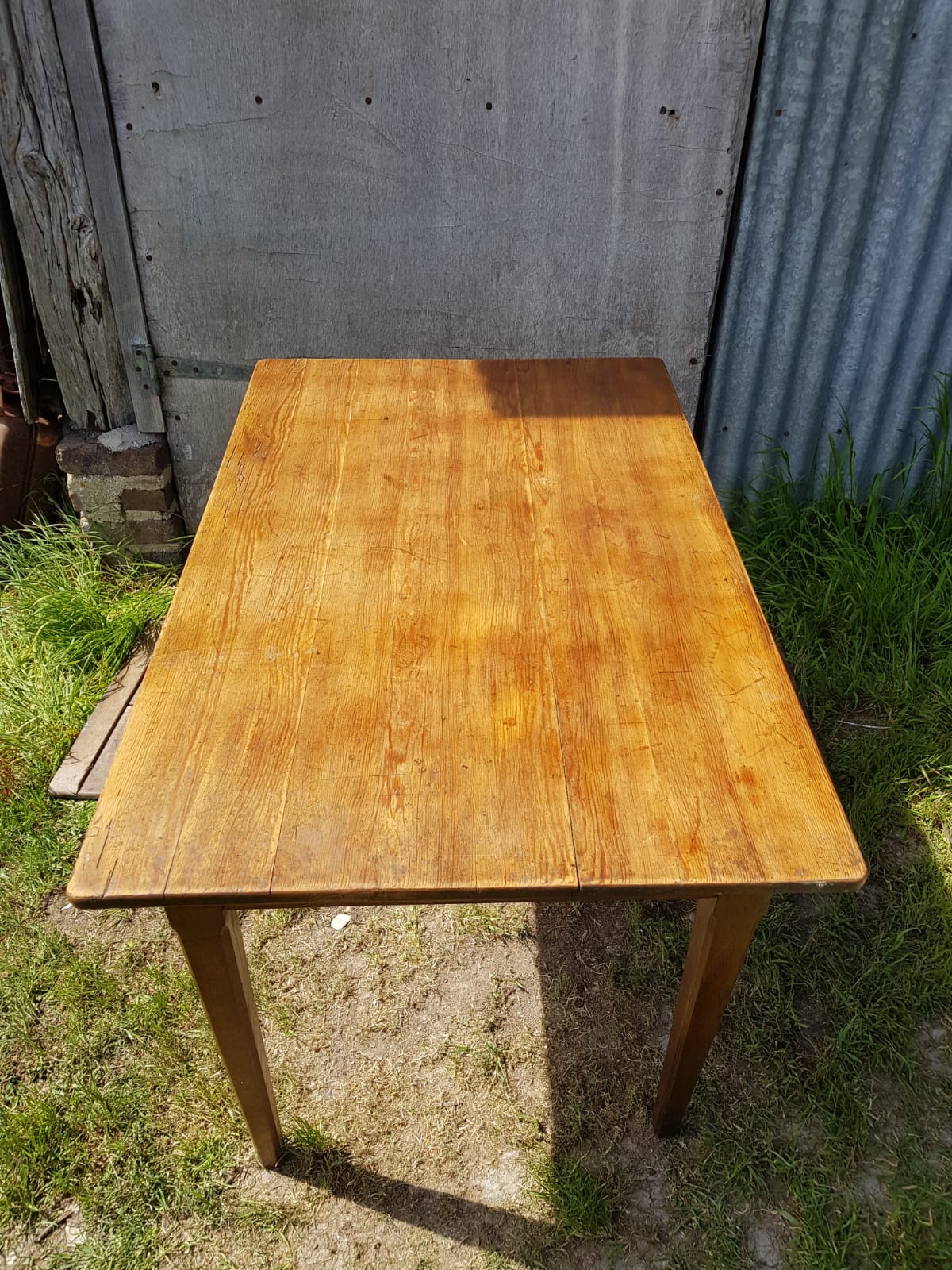 Old Farm Table - Wood Drawer Feet Compas Handle Vintage Porcelain