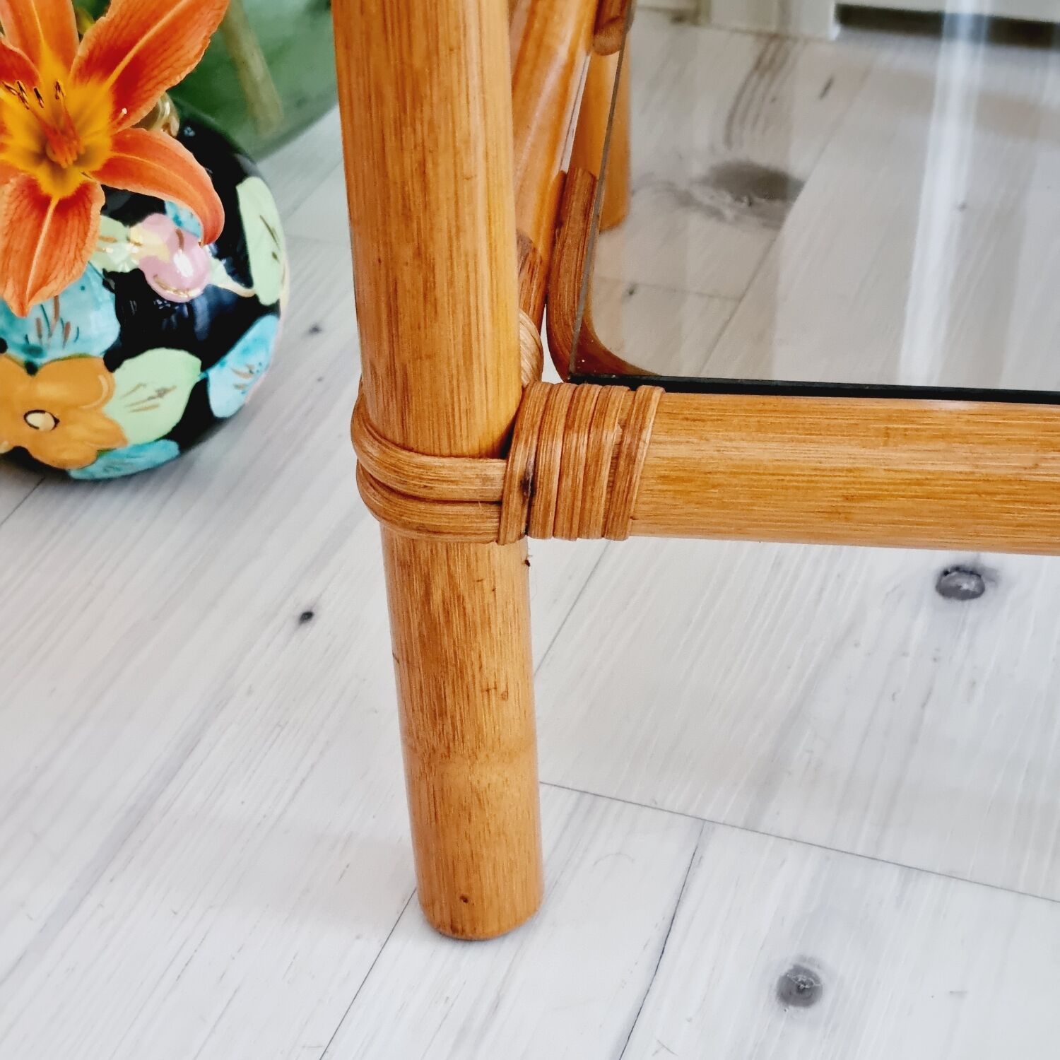 Rattan and smoked glass table