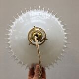 White opaline pendant lamp with transparent serrated edges