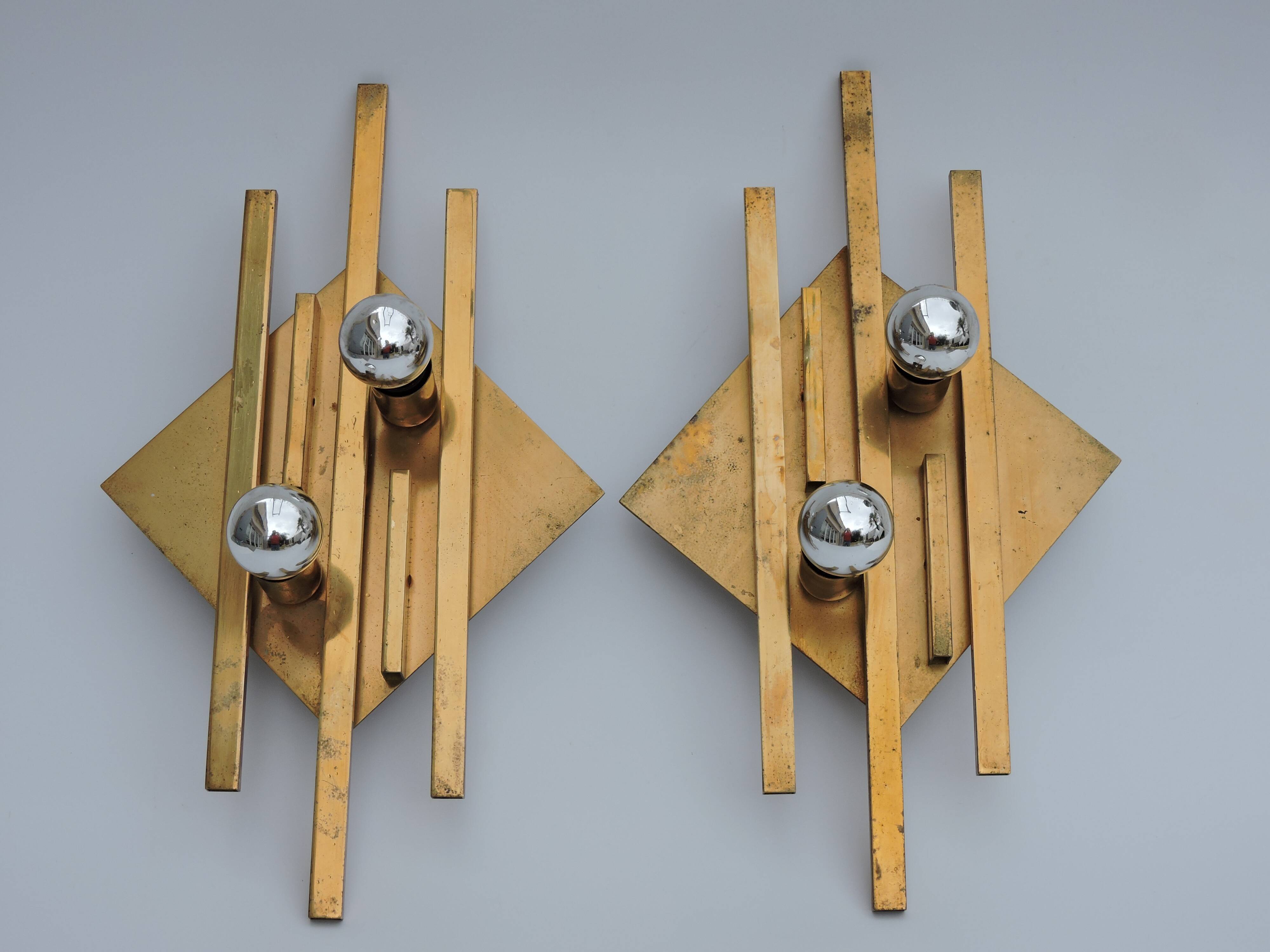 Pair of vintage geometric brass wall lamps