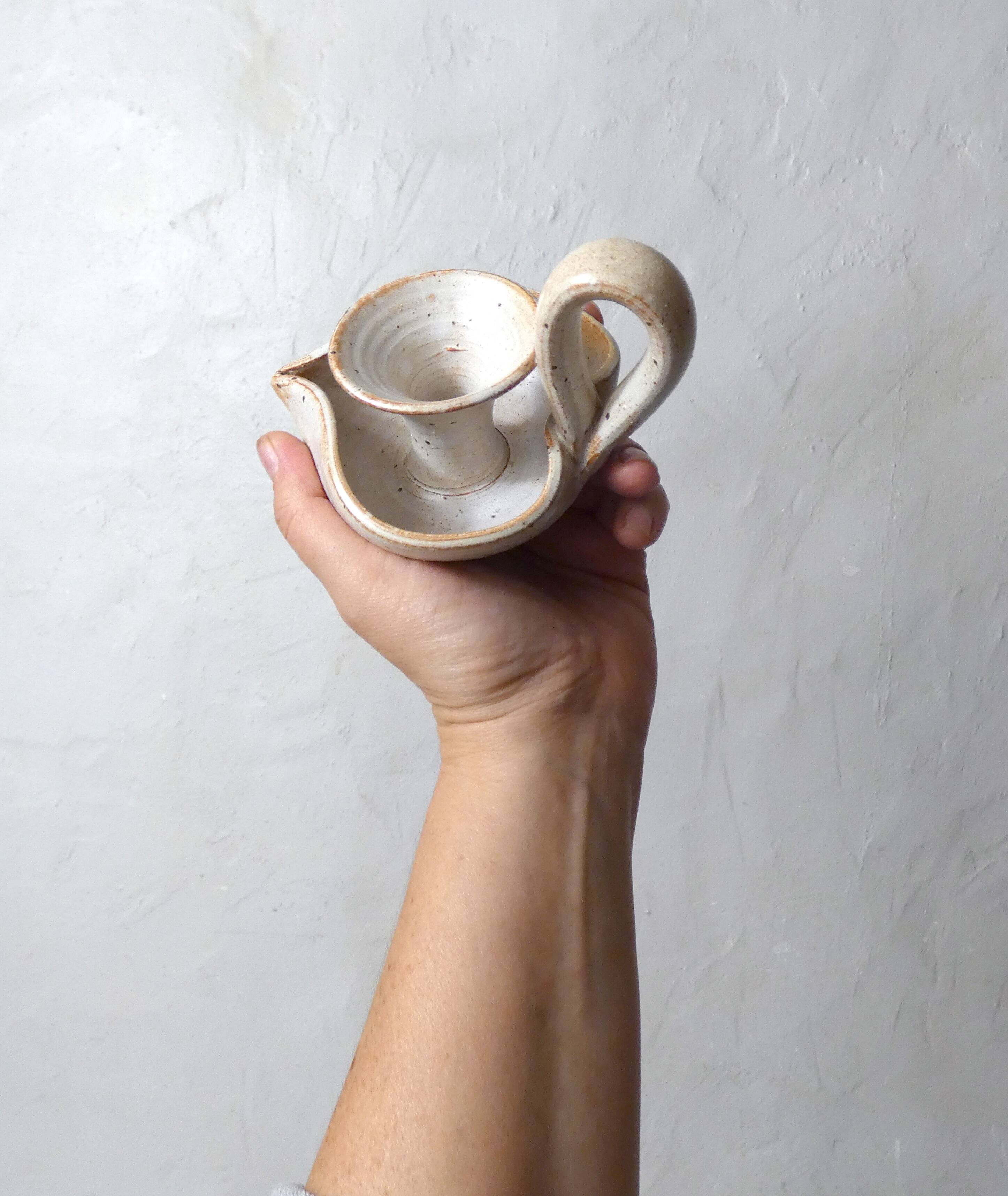 pair of vintage stoneware candlesticks