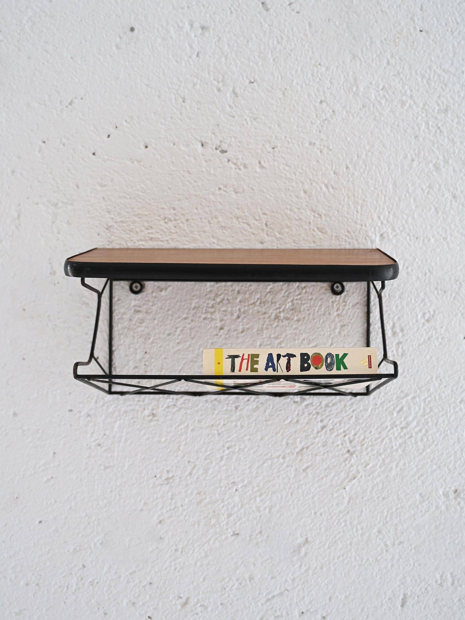 Teak and metal wall-mounted bedside table