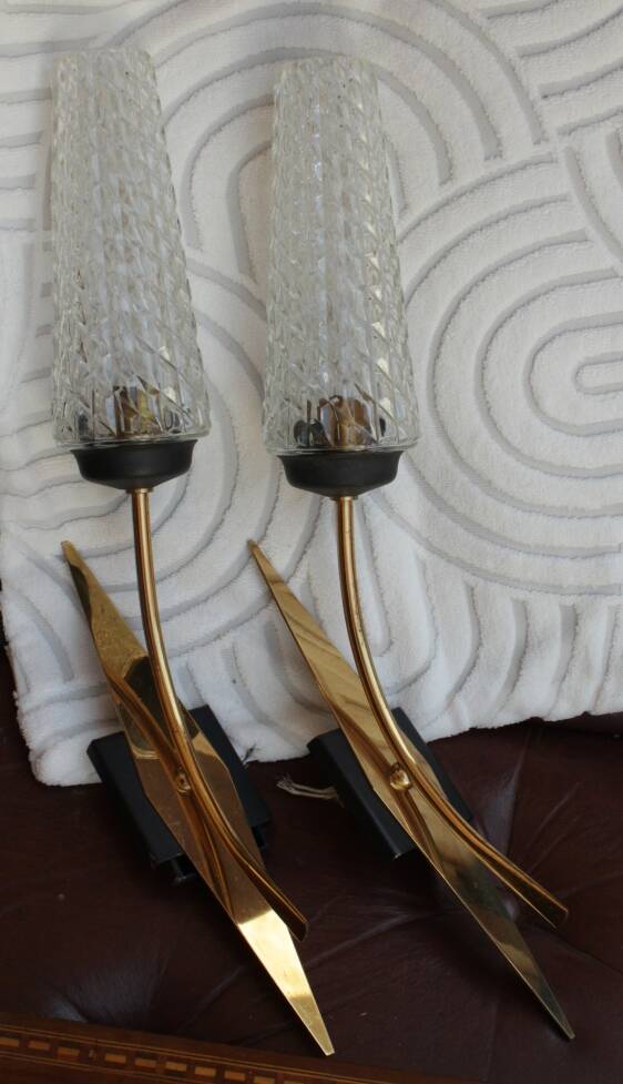Pair of glass and metal sheaf-shaped wall lights circa 1960