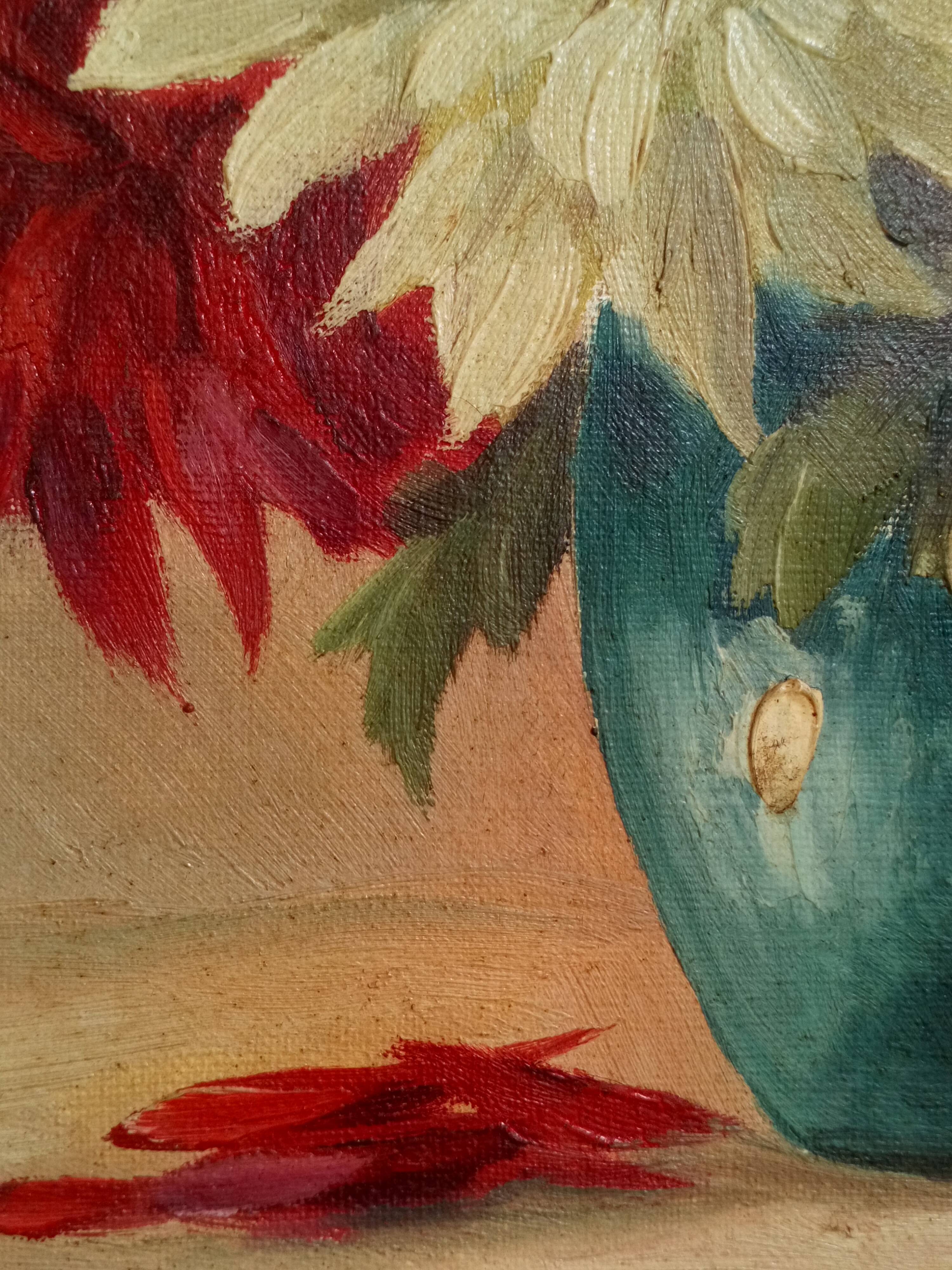 Oil on canvas vase with dalhias framed