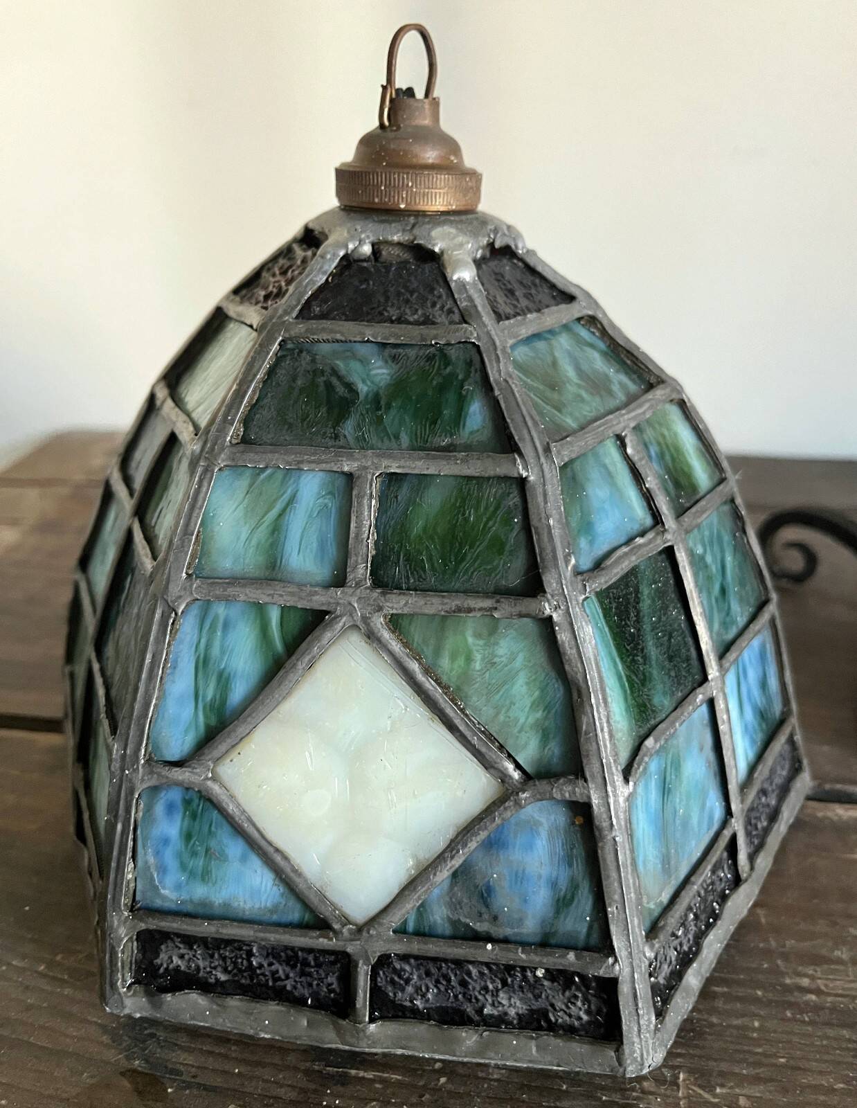 Antique Arts & Crafts Lamp cf. Tiffany Wrought iron and stained glass