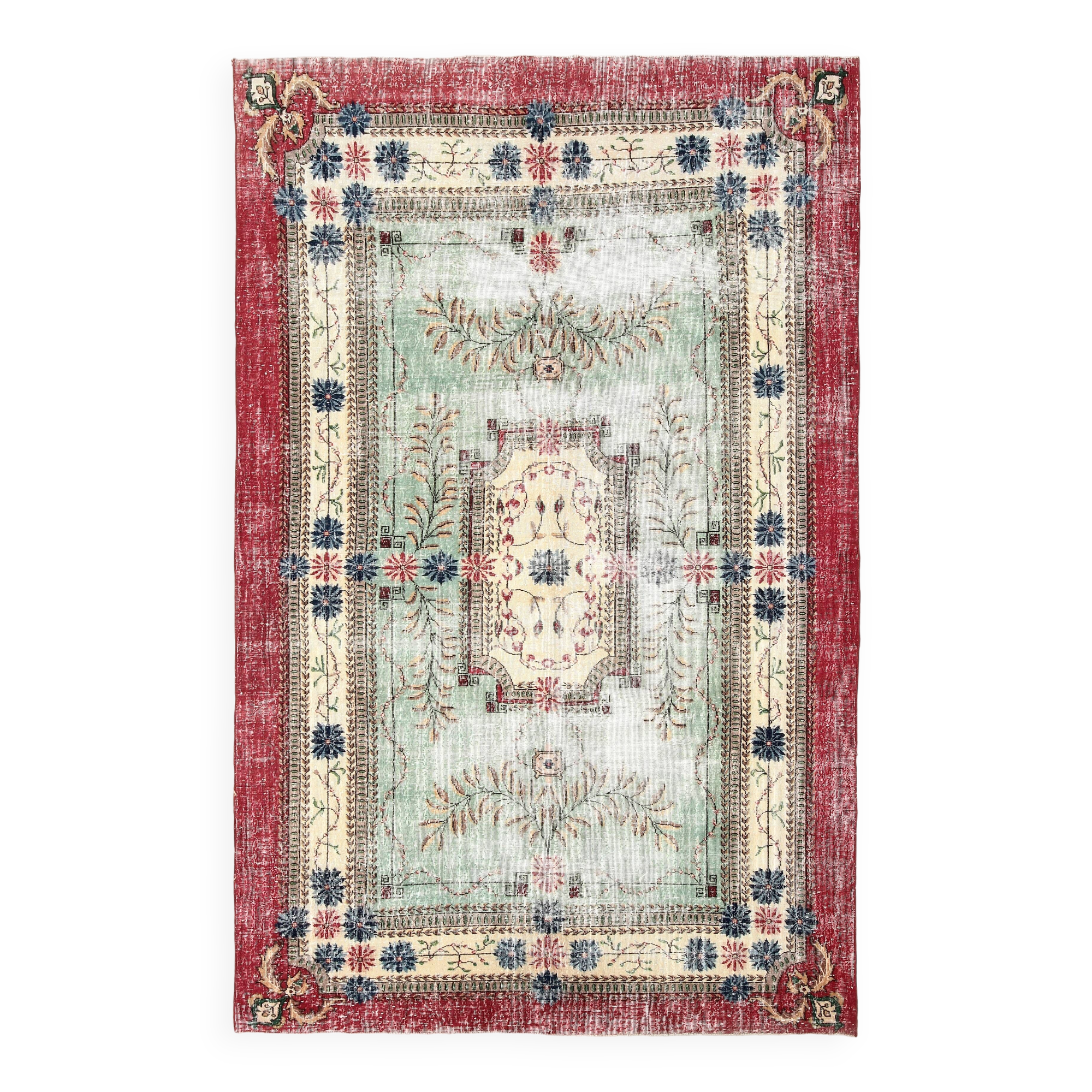 7x11 Rug For Living Room Red Green Bordered Vintage Area Rug, 215x335Cm