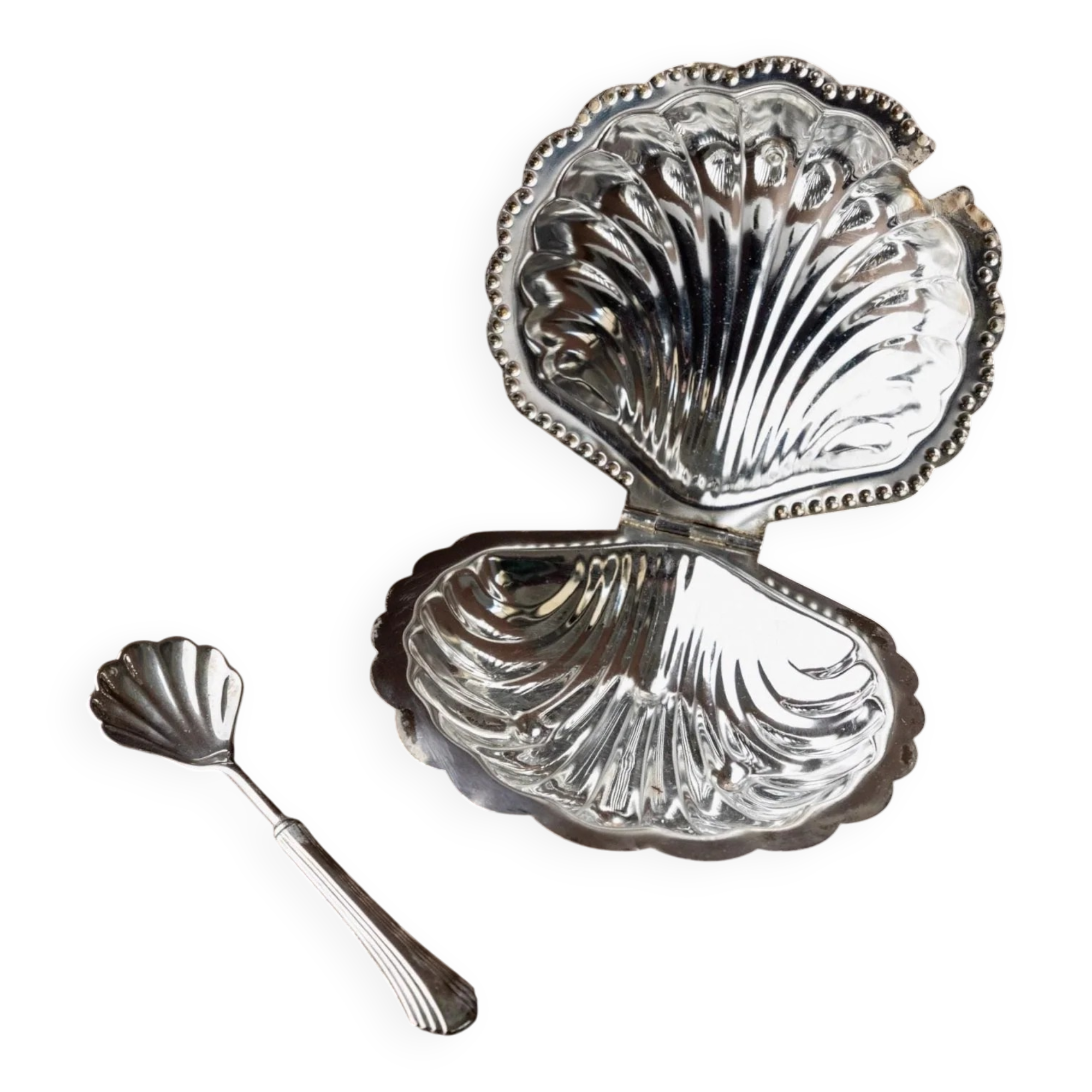Bol à sucre en forme de coquillage argenté avec cuillère assortie - Italien des années 1960, métal argenté