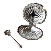 Silver Shell-Shaped Sugar Bowl with Matching Spoon - Italian 1960s, Silver-Plated Metal