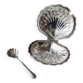 Silver Shell-Shaped Sugar Bowl with Matching Spoon - Italian 1960s, Silver-Plated Metal