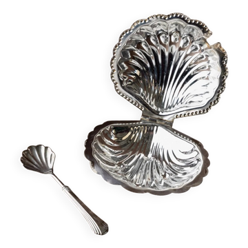 Bol à sucre en forme de coquillage argenté avec cuillère assortie - Italien des années 1960, métal argenté
