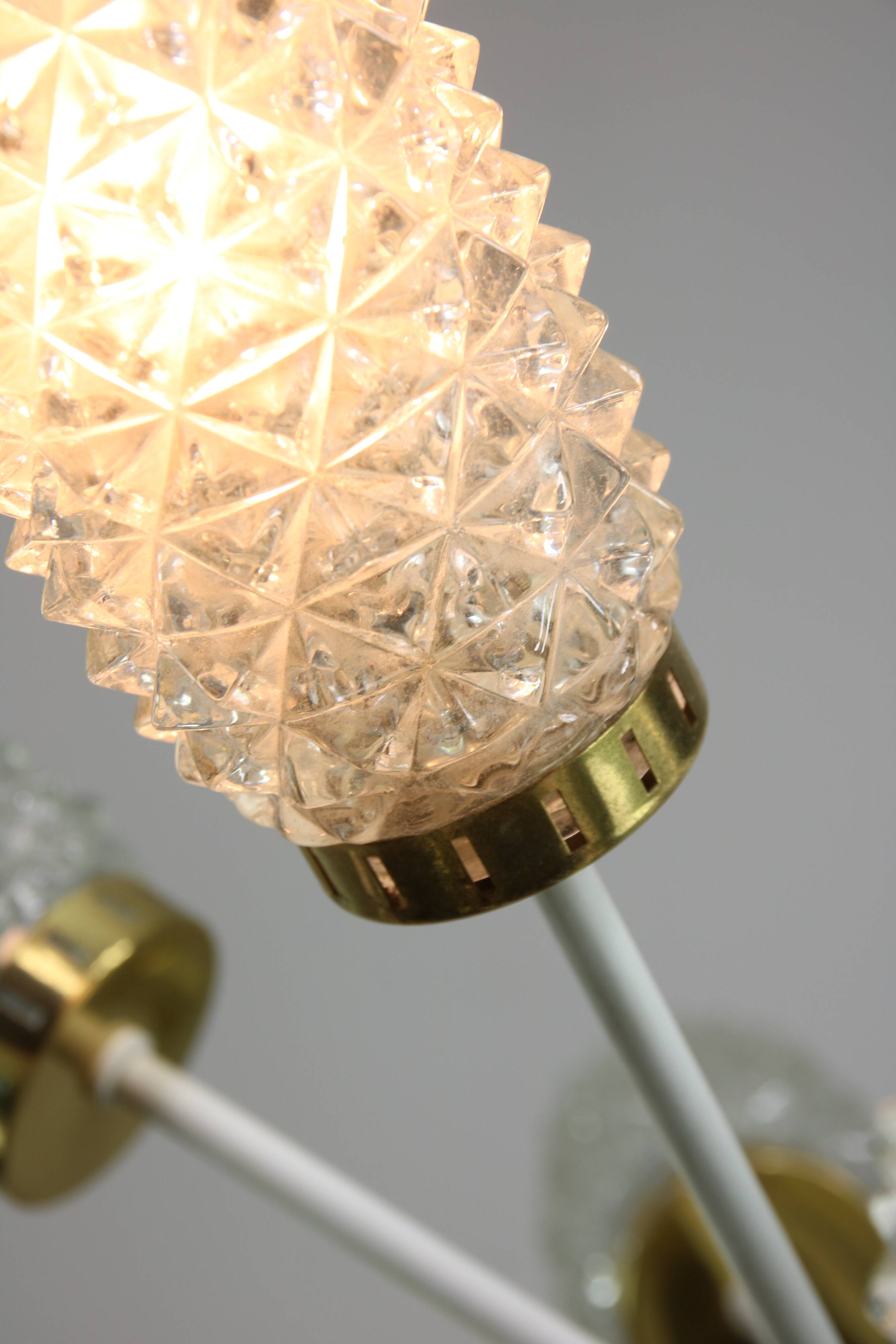 Vintage Sputnik Chandelier: Brass & Textured Glass, Mid-Century Modern Ligh