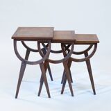 Midcentury nesting gigogne tables with parquetery in oak, 1950s france