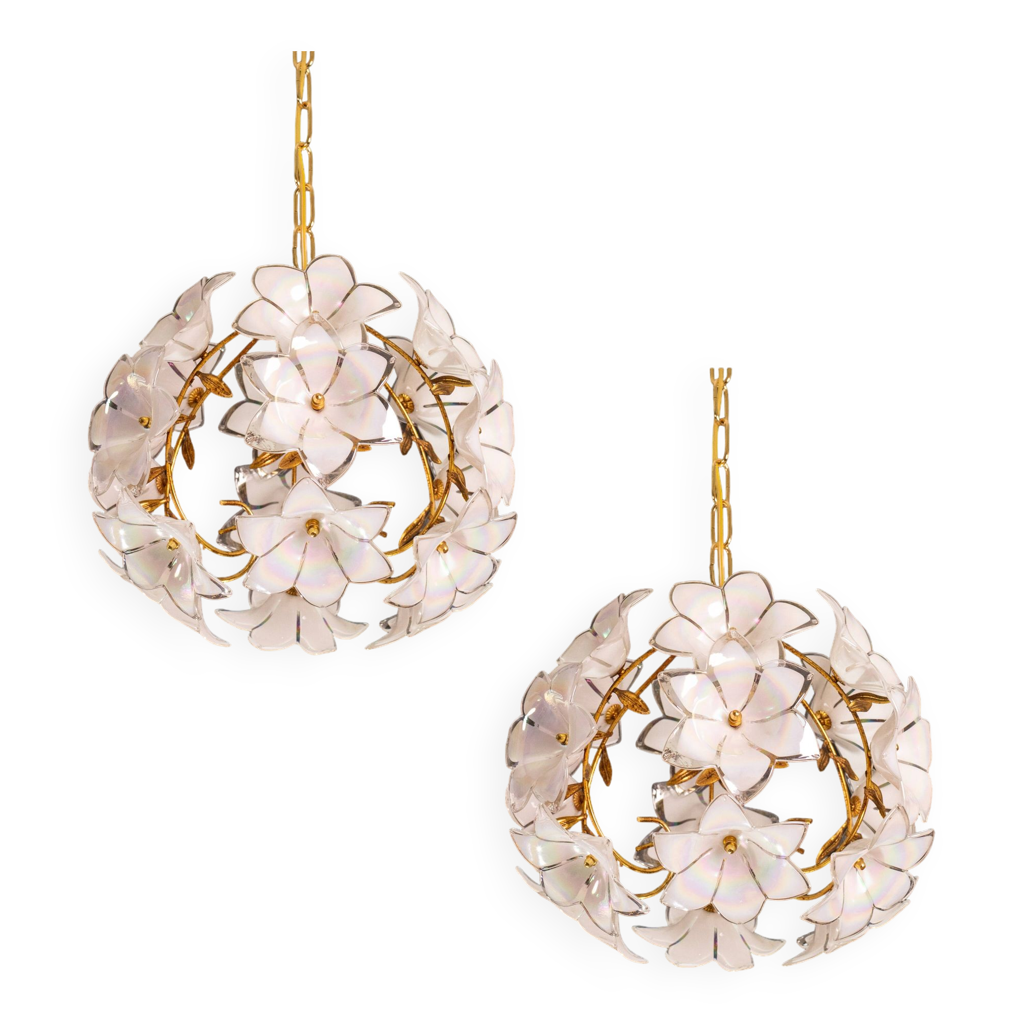 Set of 2 Murano Spherical Chandelier Full of White Flowers, 1980s