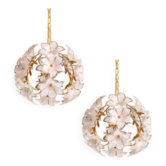 Set of 2 Murano Spherical Chandelier Full of White Flowers, 1980s