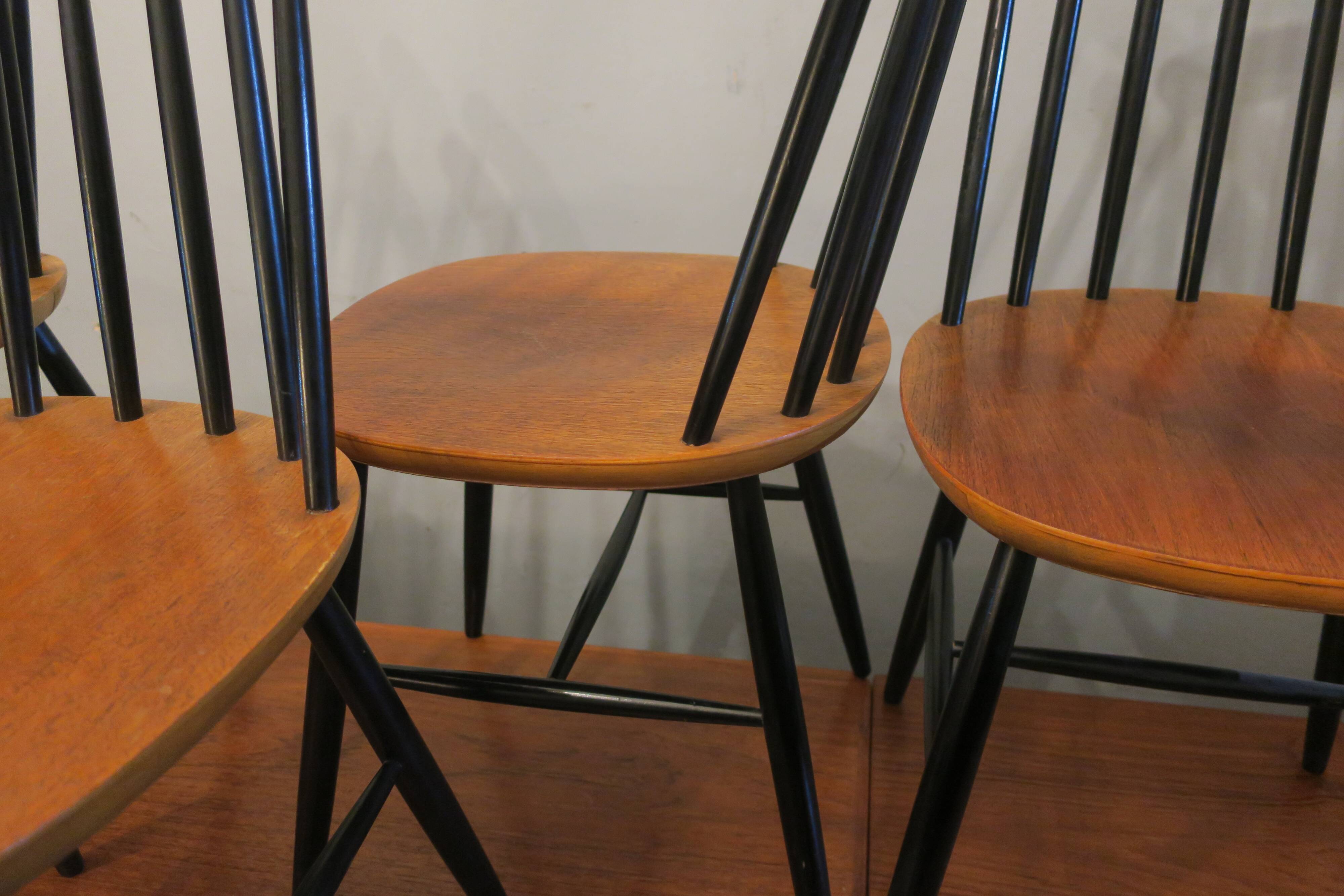 Vintage set of 4 ercol ebonized stick back chairs 1950s