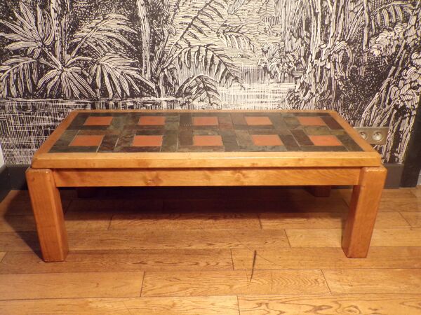 Table basse 1970 en orme et schiste