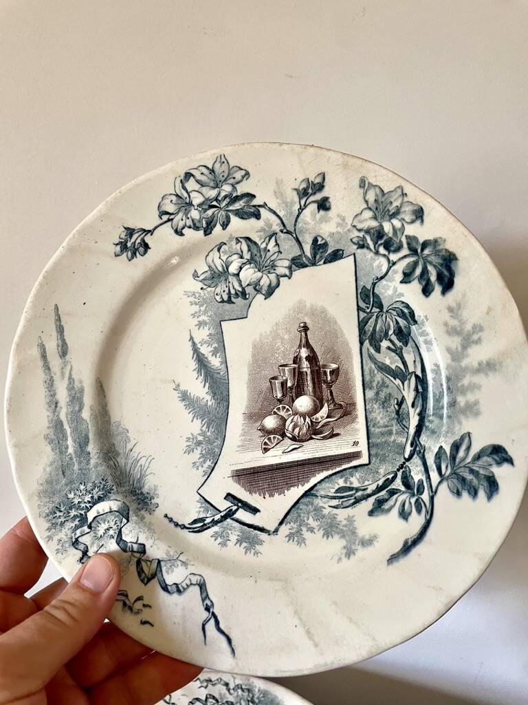 Set of 12 plates Terre de Fer, model Cartels, Creil & Montereau, 1900
