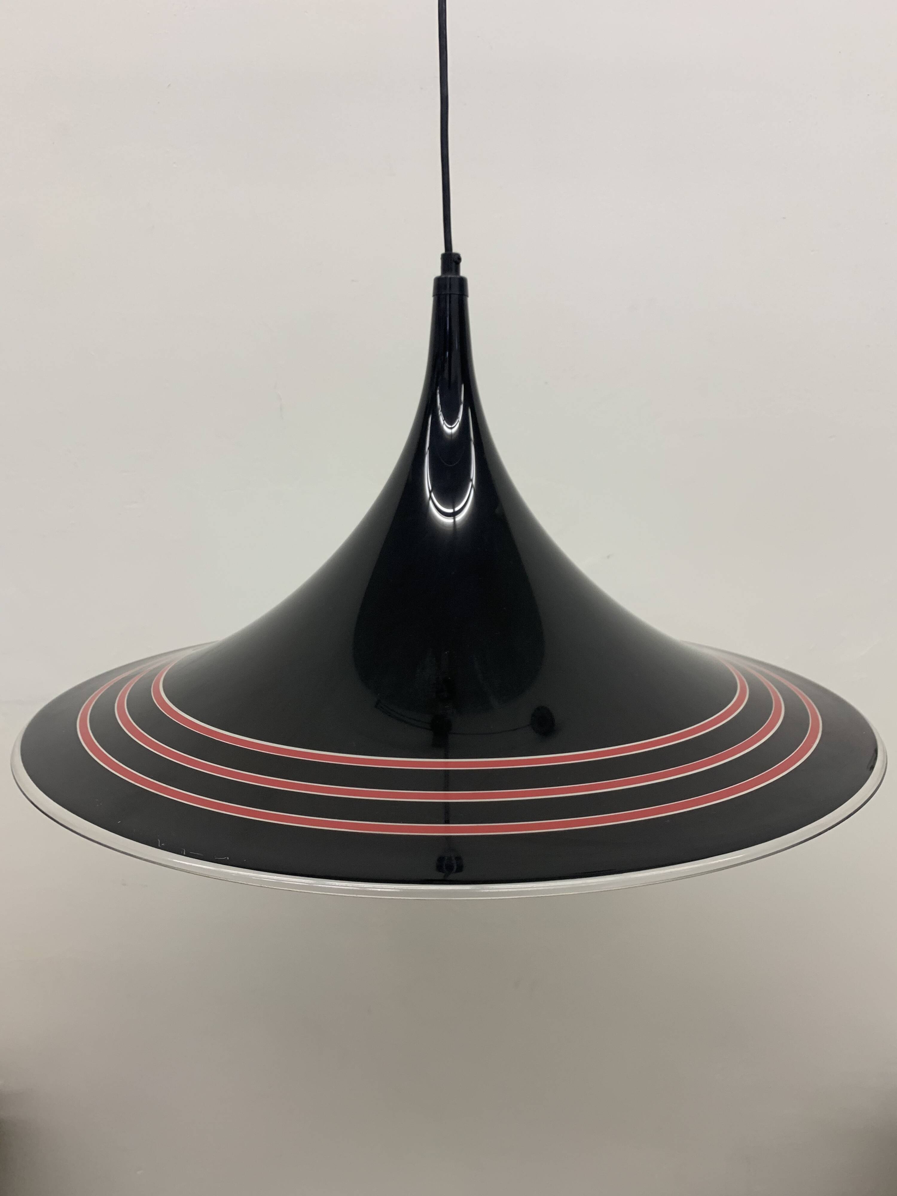 Vintage plastic meblo guzzini black trumpet hanging lamp , 1980’s