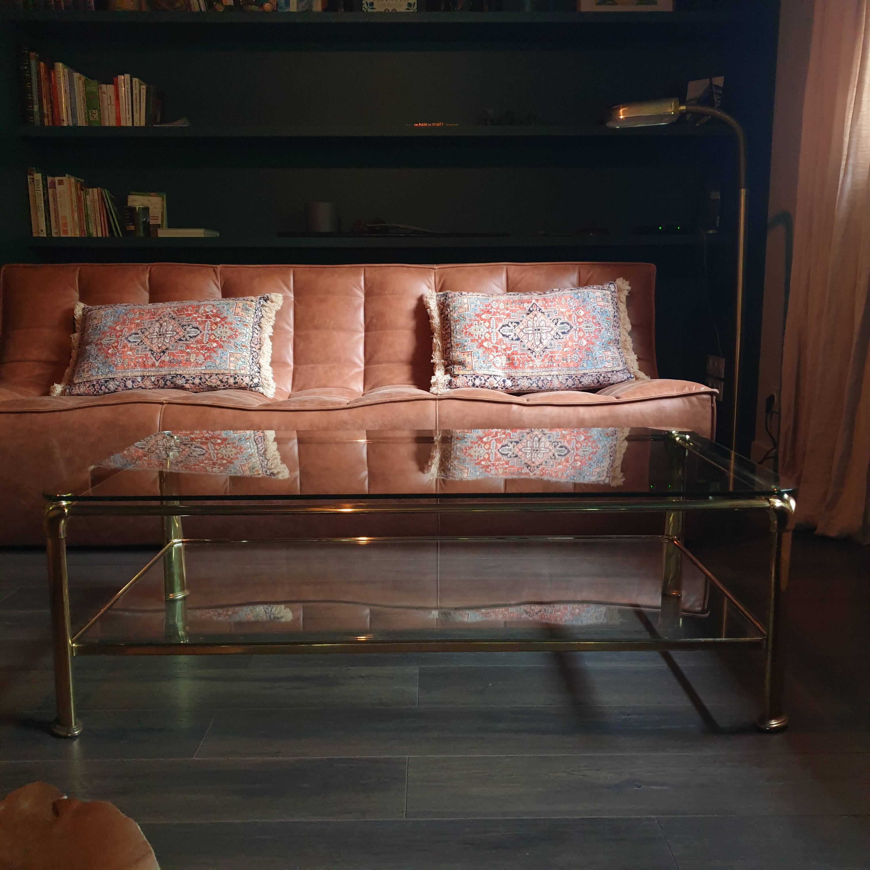 Vintage brass and glass coffee table, Italian, 70s Hollywood Regency style
