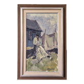 Mid-Century Modern "The Fisherman" Vintage Swedish Figurative Oil Painting, Framed