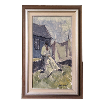 Peinture à l’huile figurative suédoise vintage « The Fisherman » du milieu du siècle, encadrée