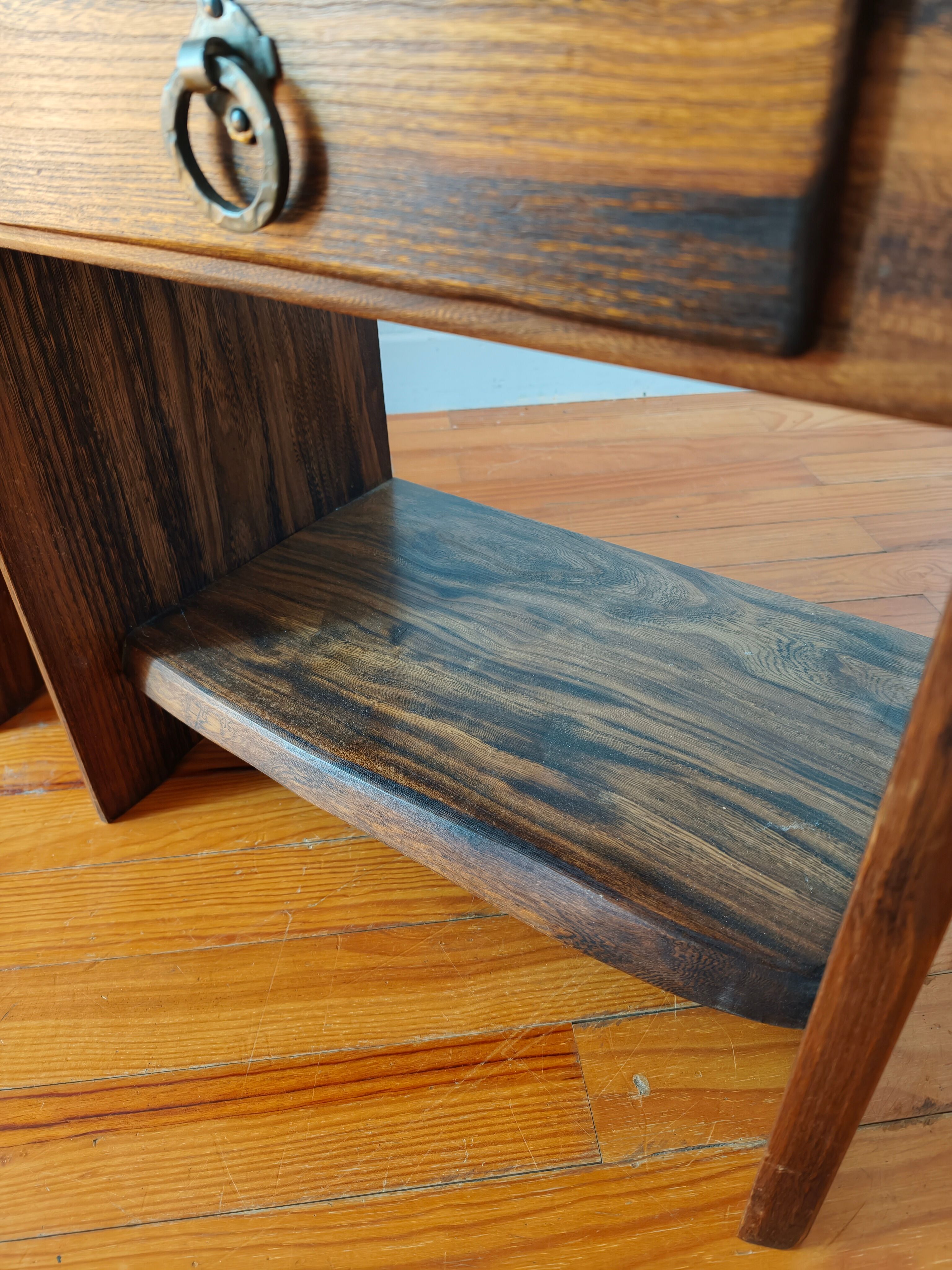 Pair of solid elm bedside tables, France 1970.