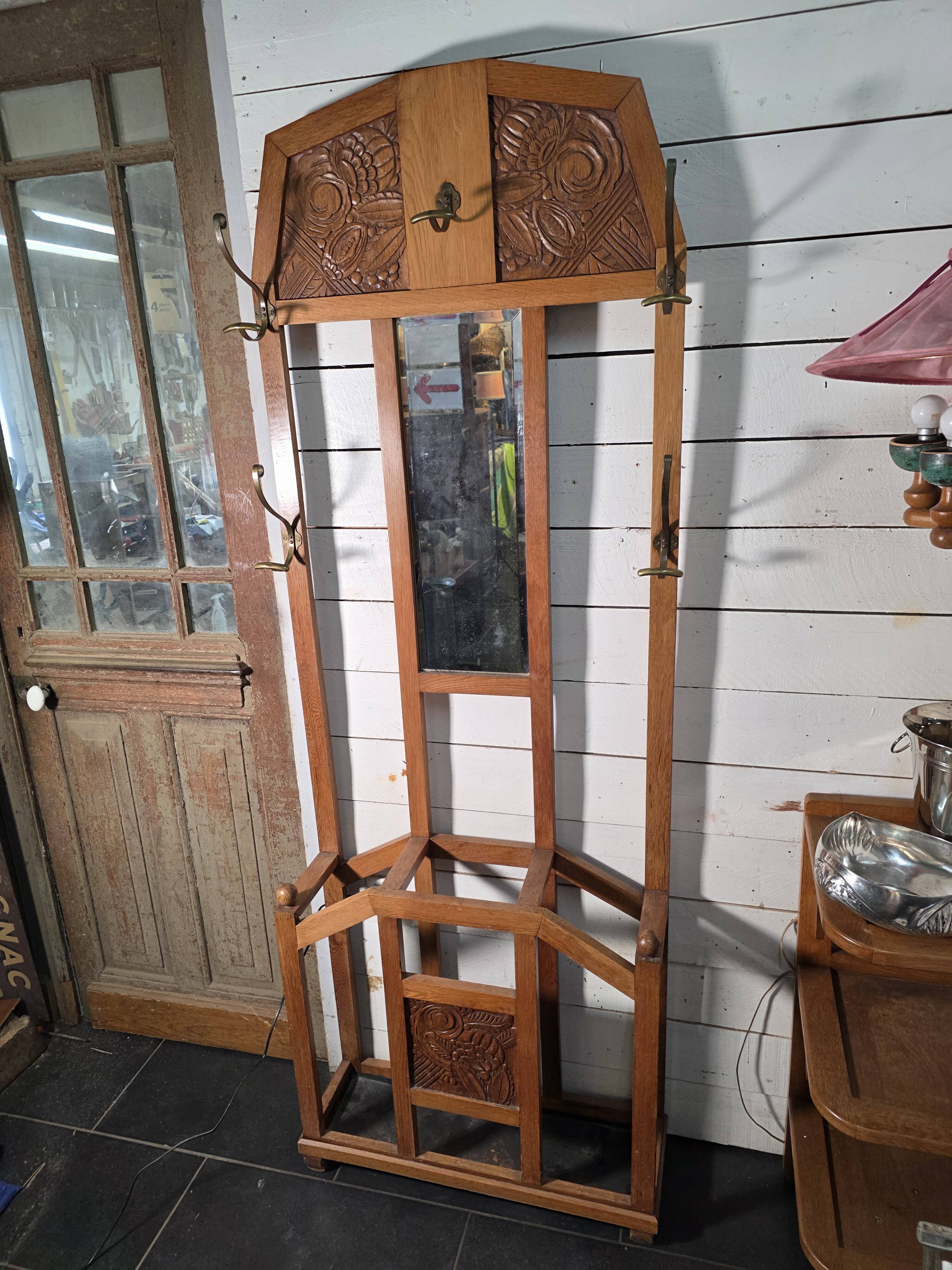 Art Deco coat rack wardrobe in solid oak