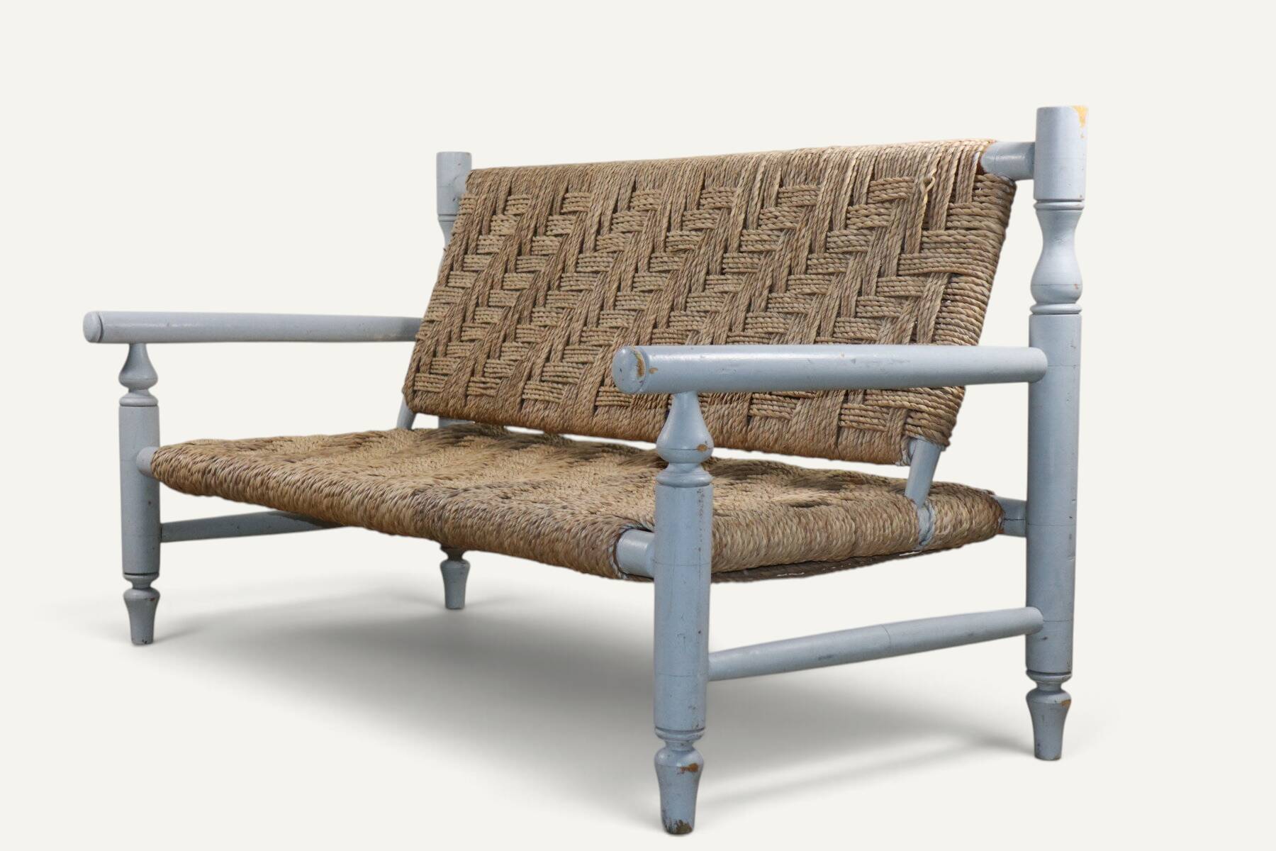 Vintage bench in braided rope and painted wood, 1950s-60s.