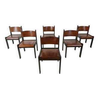 Chaises de salle à manger vintage en cuir et bois, 1960