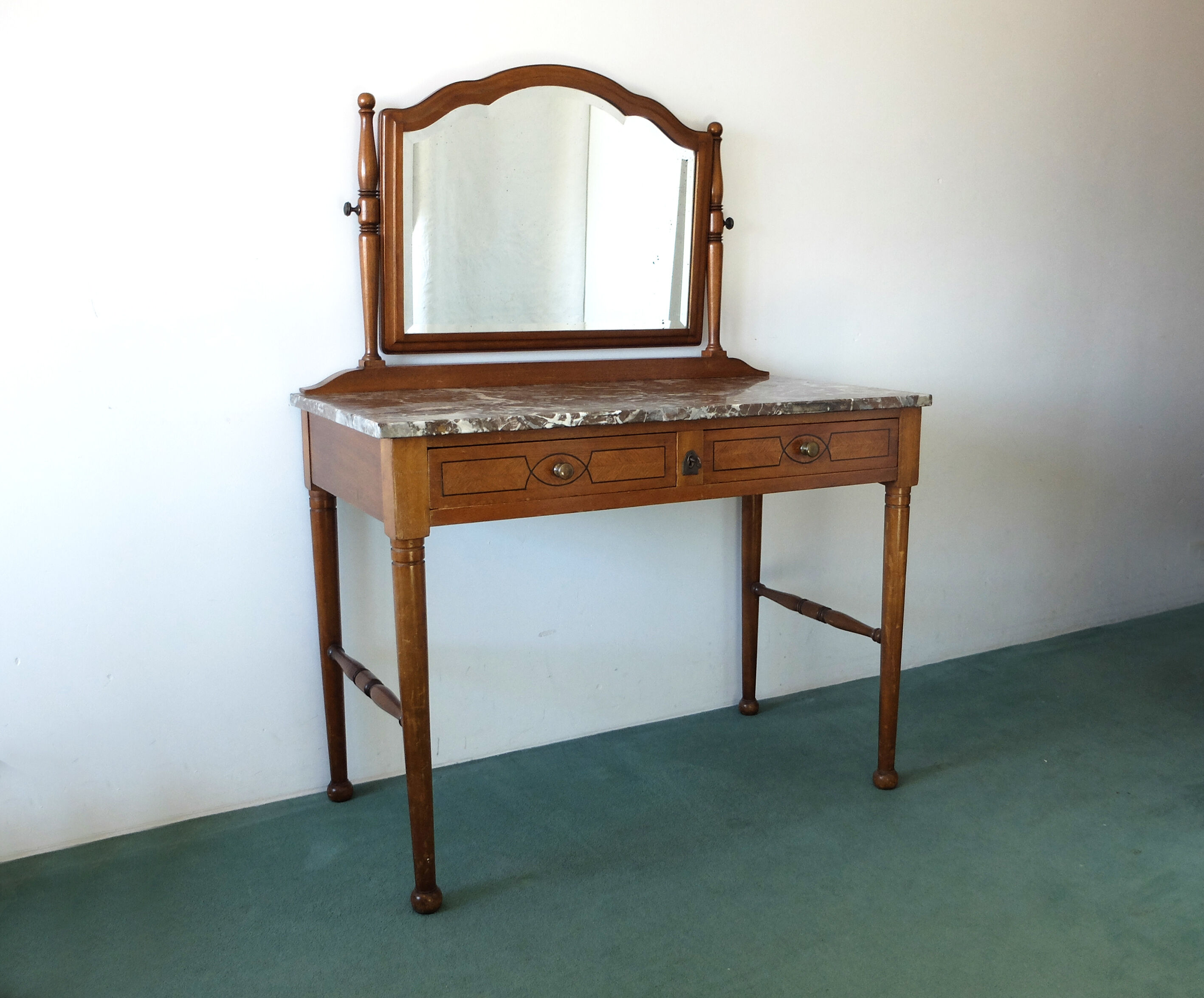 Belgian Art Deco dressing table with marquetry, red marble top, 1920-1930