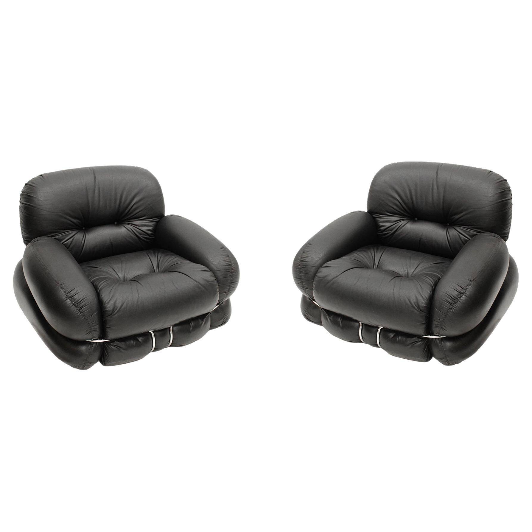 Italian Pair Of Okay Armchairs by Adriano Piazzesi with Black Leather and Steel