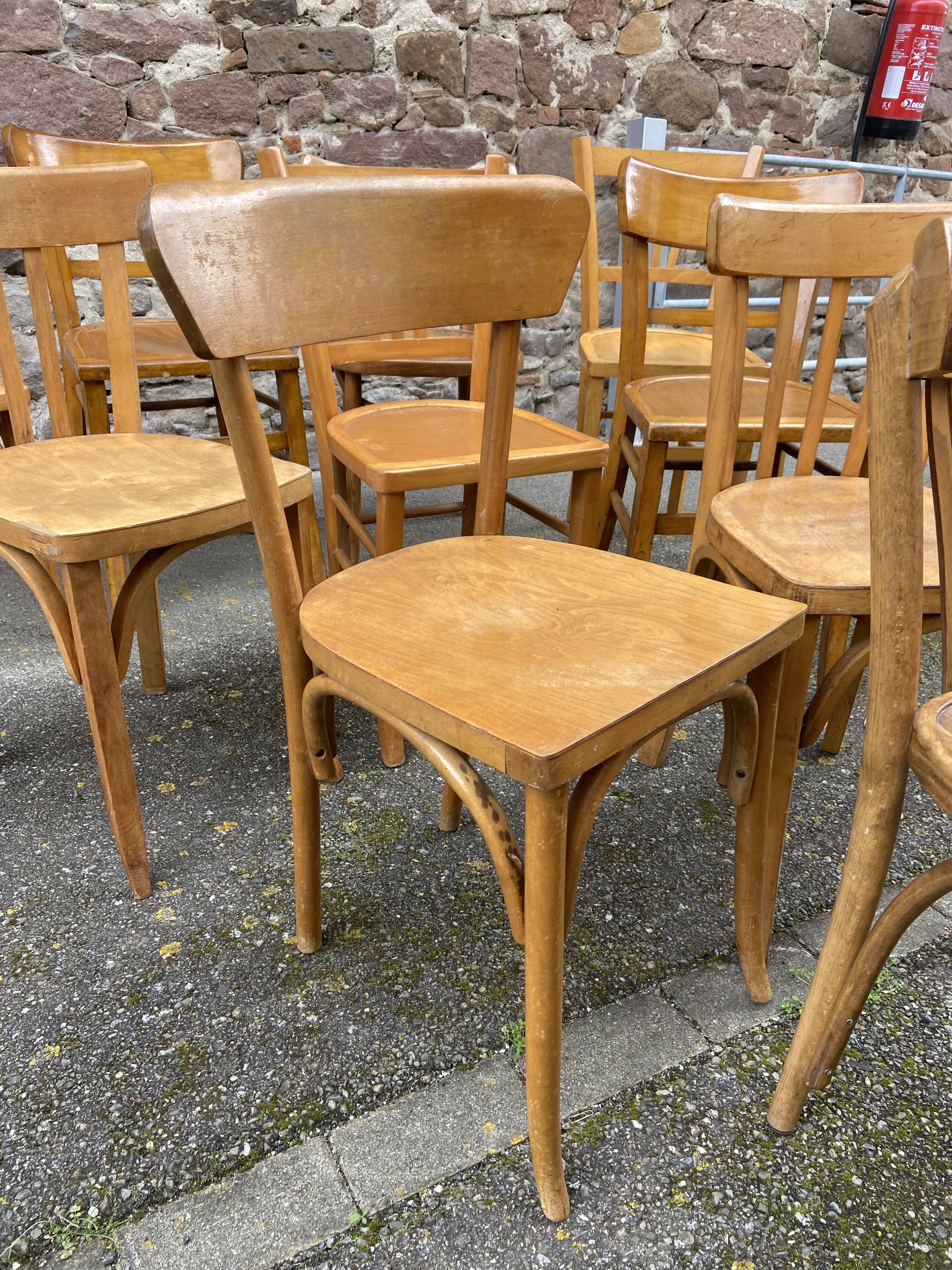 Set of 10 mismatched bistro restaurant chairs 1960 curved wood brasserie