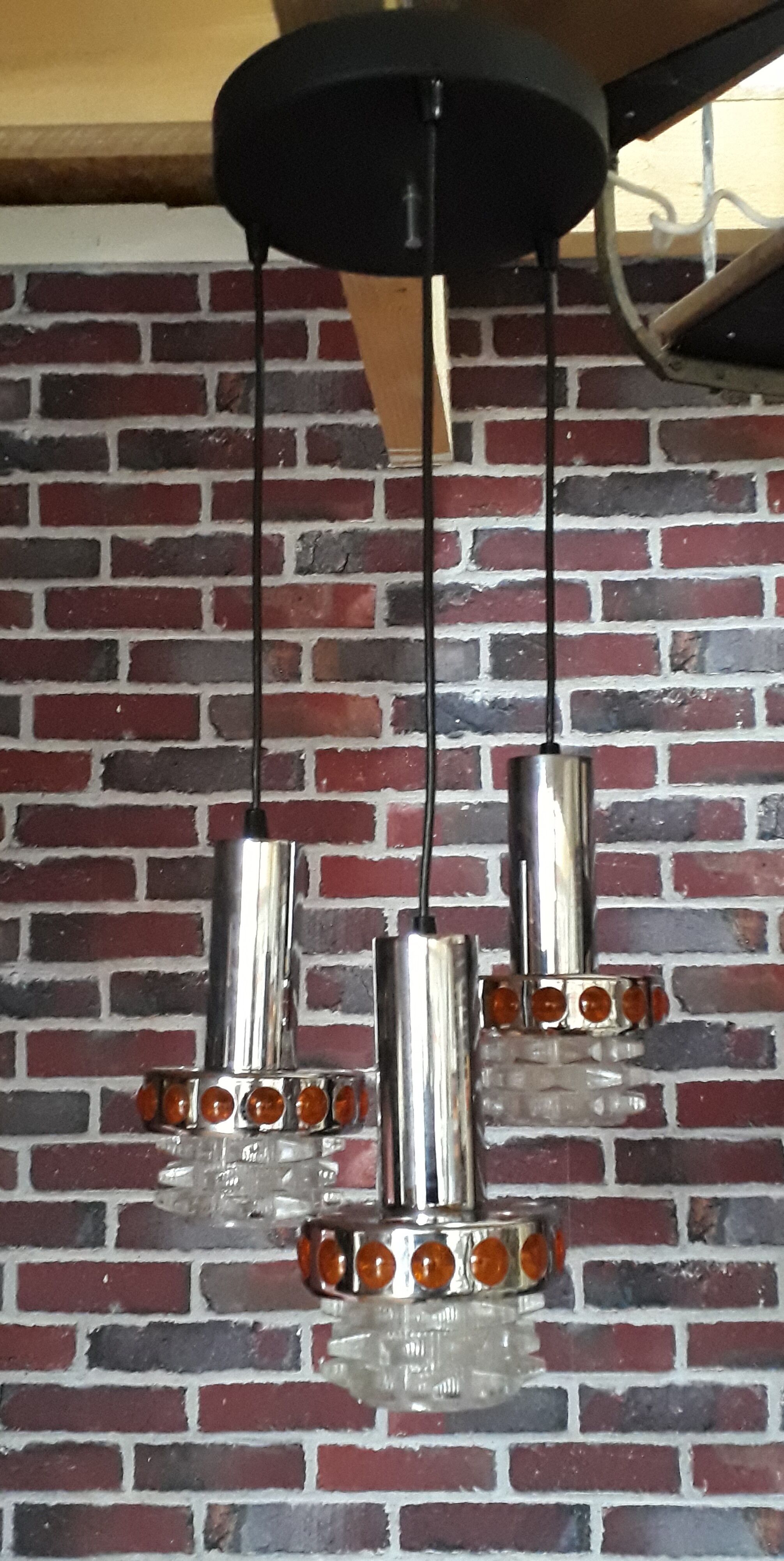 Hanging 3 lamps Raak - Holland, 1970. Space age style. In chrome, orange plexi glass. Very good condition